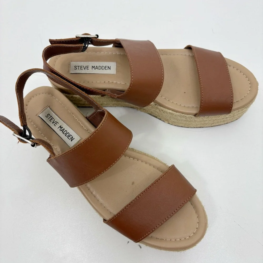 Steve Madden Platform Espadrille Sandals Brown Ankle Strap Summer Shoes size 8.5